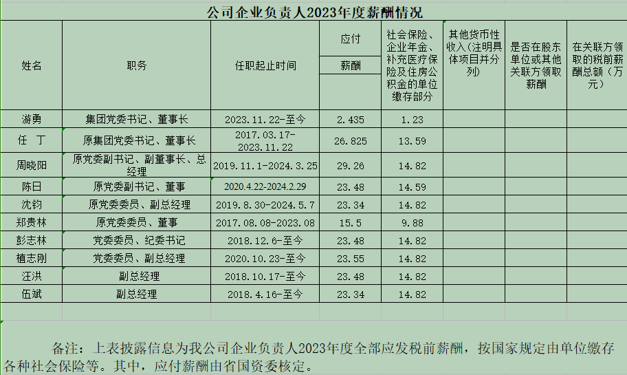 公司企业掌管人2023年度薪酬情况